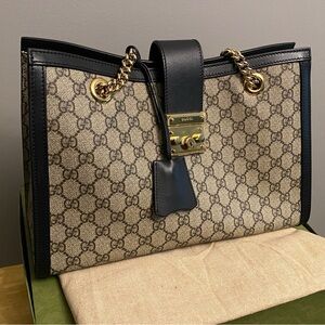 Gucci Beige and Black Tote with Gold Accents